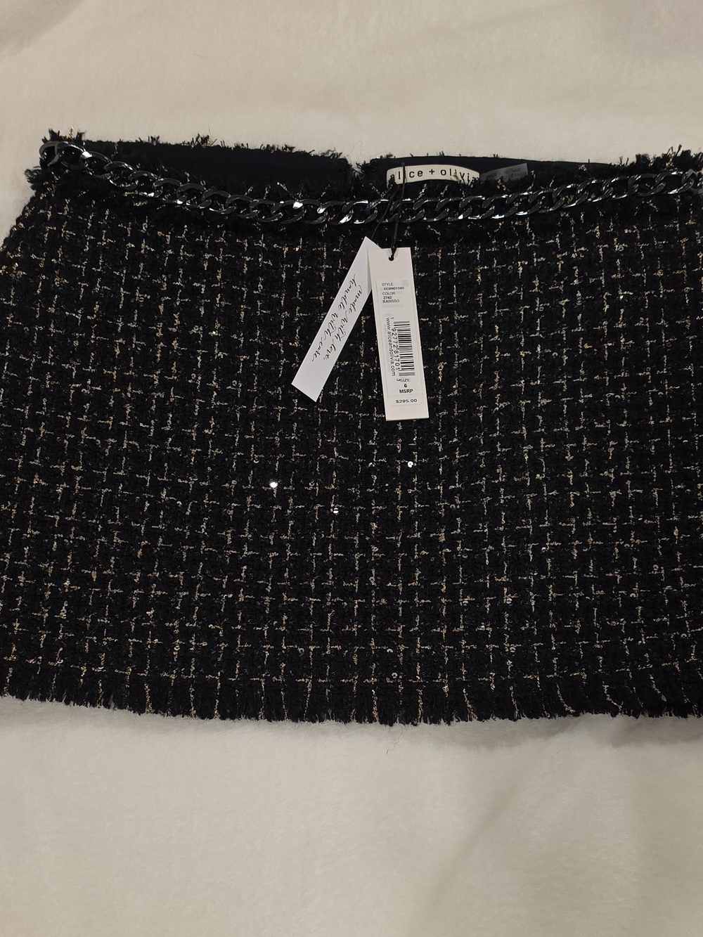 Alice + Olivia Black Tweed Mini Skirt with Chain Waistband